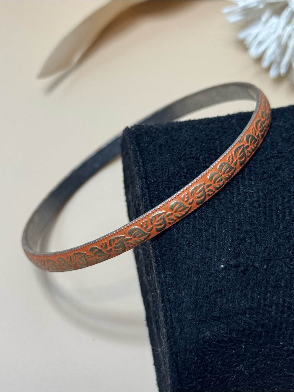 Vintage Silver Tone Orange Enamel Bangle Bracelet Floral Scroll Design